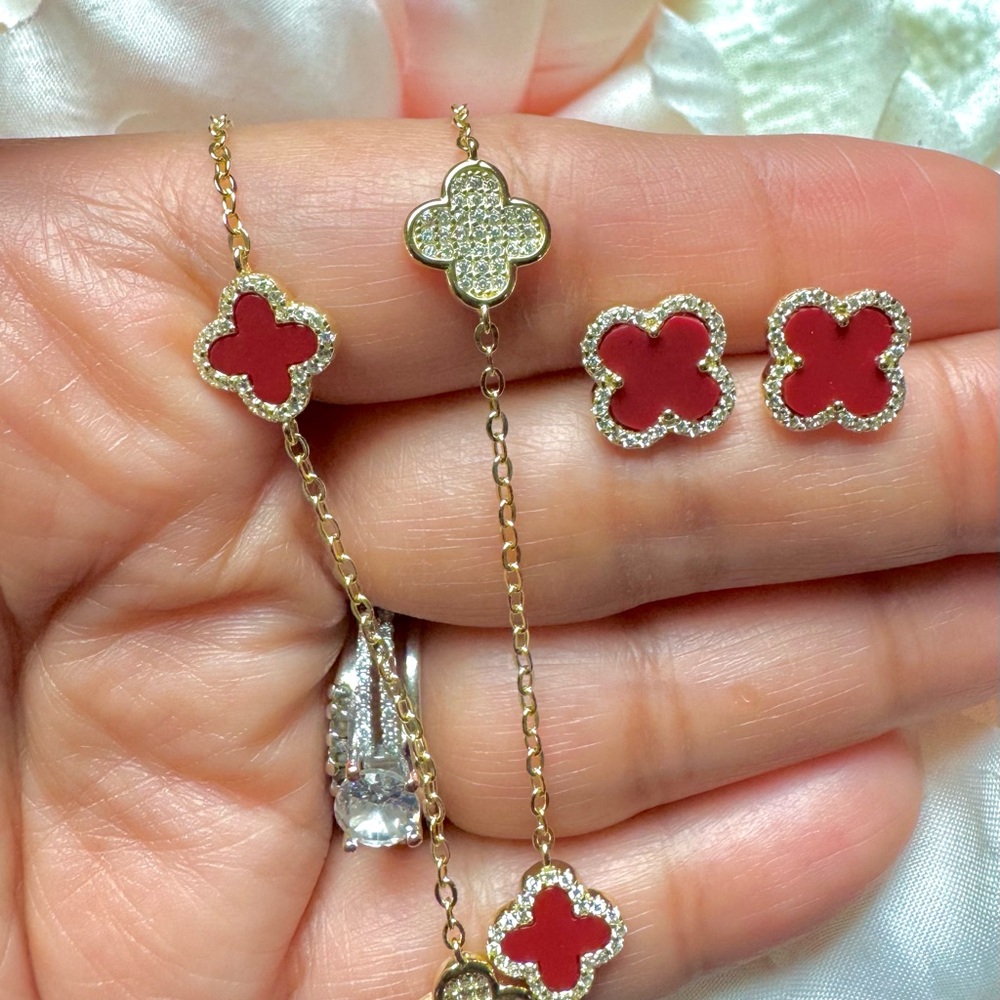 925 Gold Plated Red/Gold Clover Set